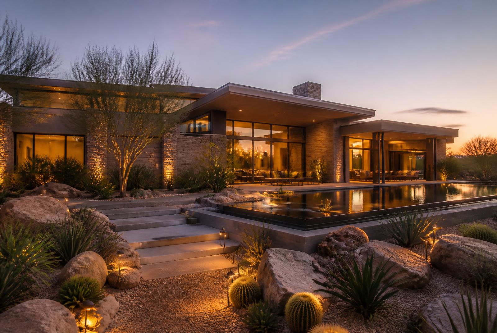 Architecturally detailed custom home exterior with stone and glass elevations